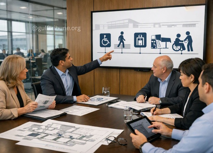Presenter points to a screen with accessibility icons during a team meeting.