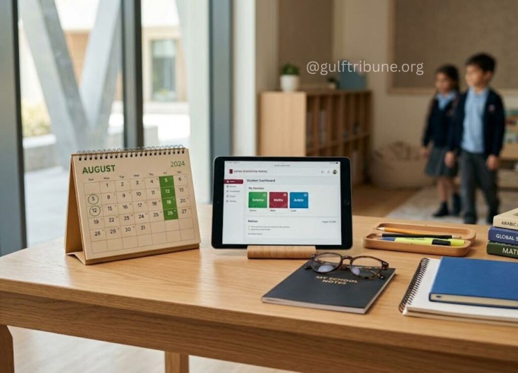 Desk with a small August 2024 calendar, tablet displaying a dashboard, notebook, glasses, and stationery in a classroom setting with two students in the background.