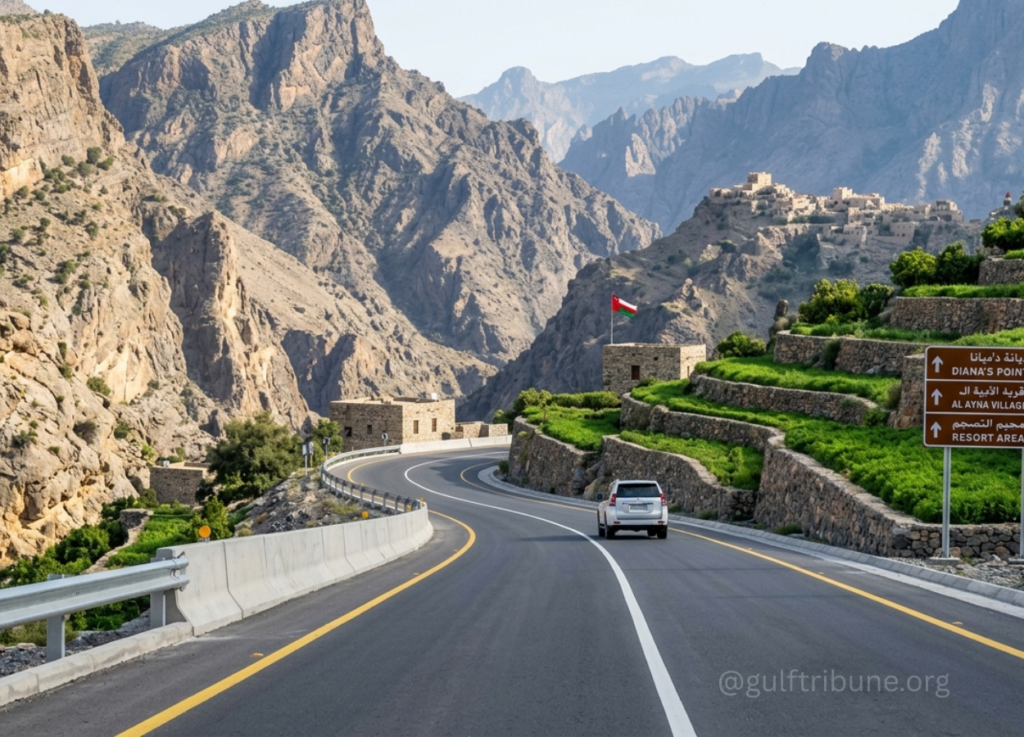18 - Gulf Tribune Winding mountain road through rocky cliffs with terraced stone walls; a white SUV ahead and signs to nearby villages.