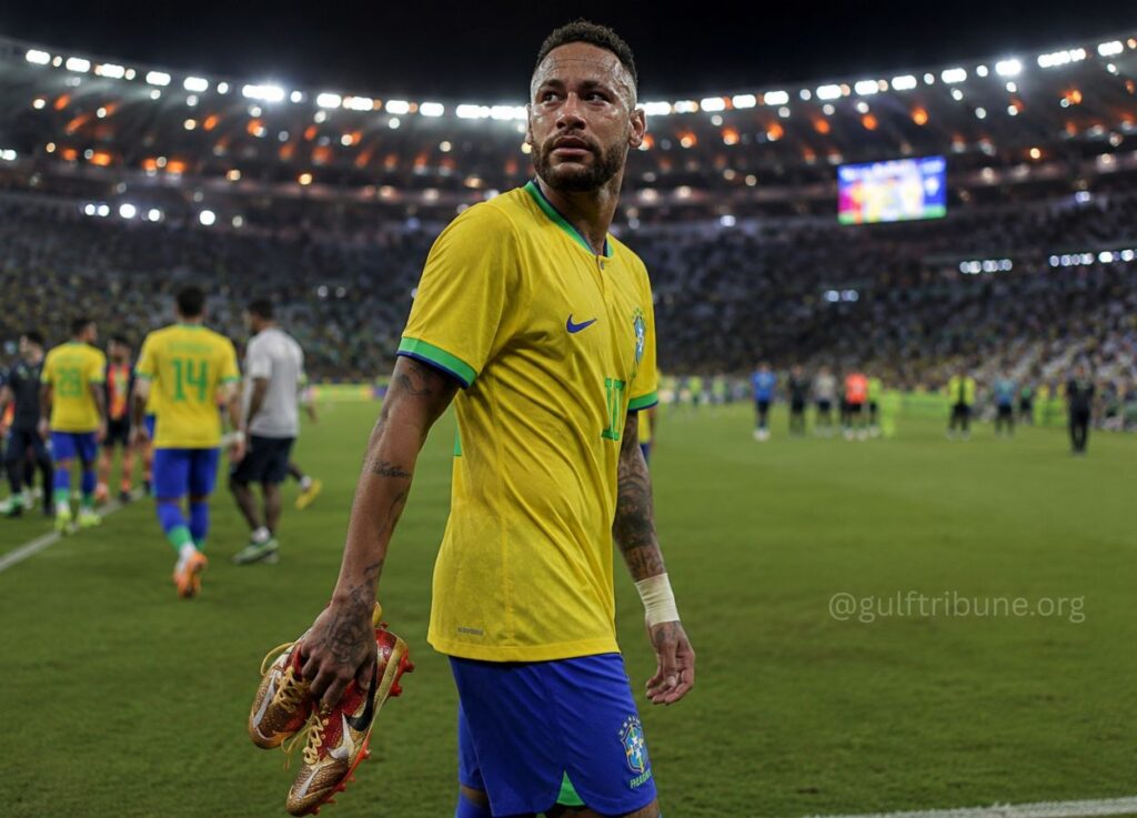 19 - Gulf Tribune Soccer player in a yellow Brazil jersey walks off the field, holding his cleats as a packed stadium cheers in the background.