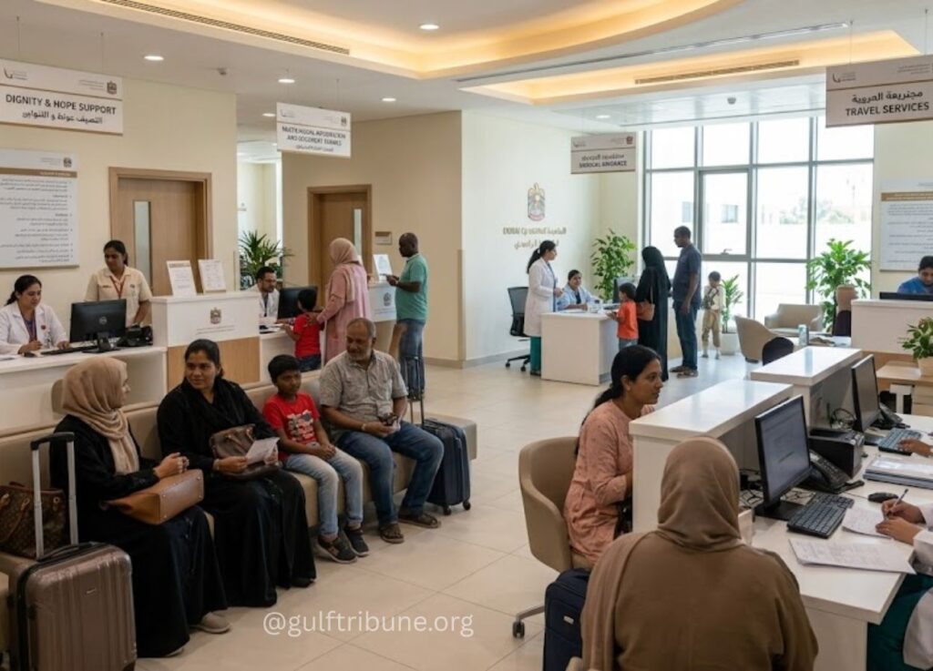 Busy service lobby with desks and staff assisting visitors; people wait with luggage in a bright, modern office.
