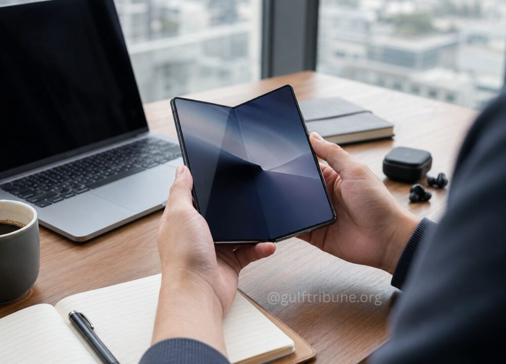 29 - Gulf Tribune Person holds a foldable dual‑screen device open on a wooden desk, with a laptop, notebook, coffee mug, and wireless earbuds case nearby.