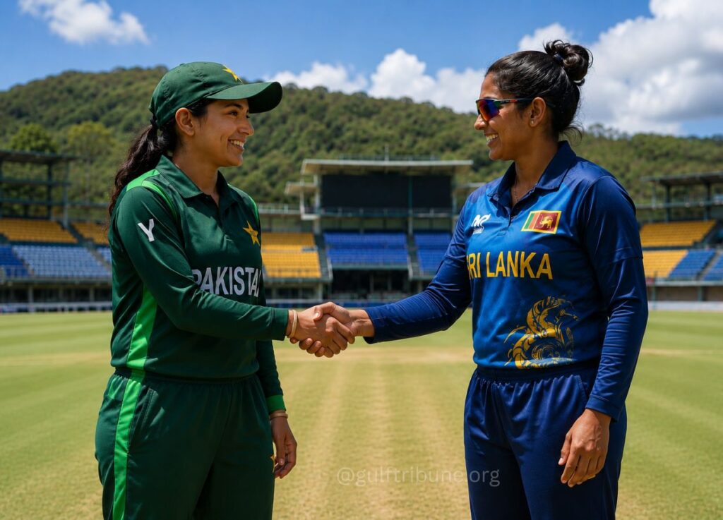 Two female cricketers from Pakistan and Sri Lanka shake hands on a sunny cricket field.