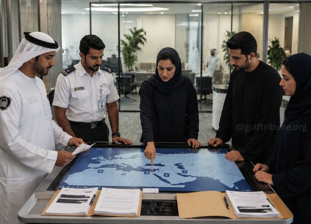Five colleagues stand around a large touch-screen world map table; a woman in a hijab points to a location while others look on in a modern office.
