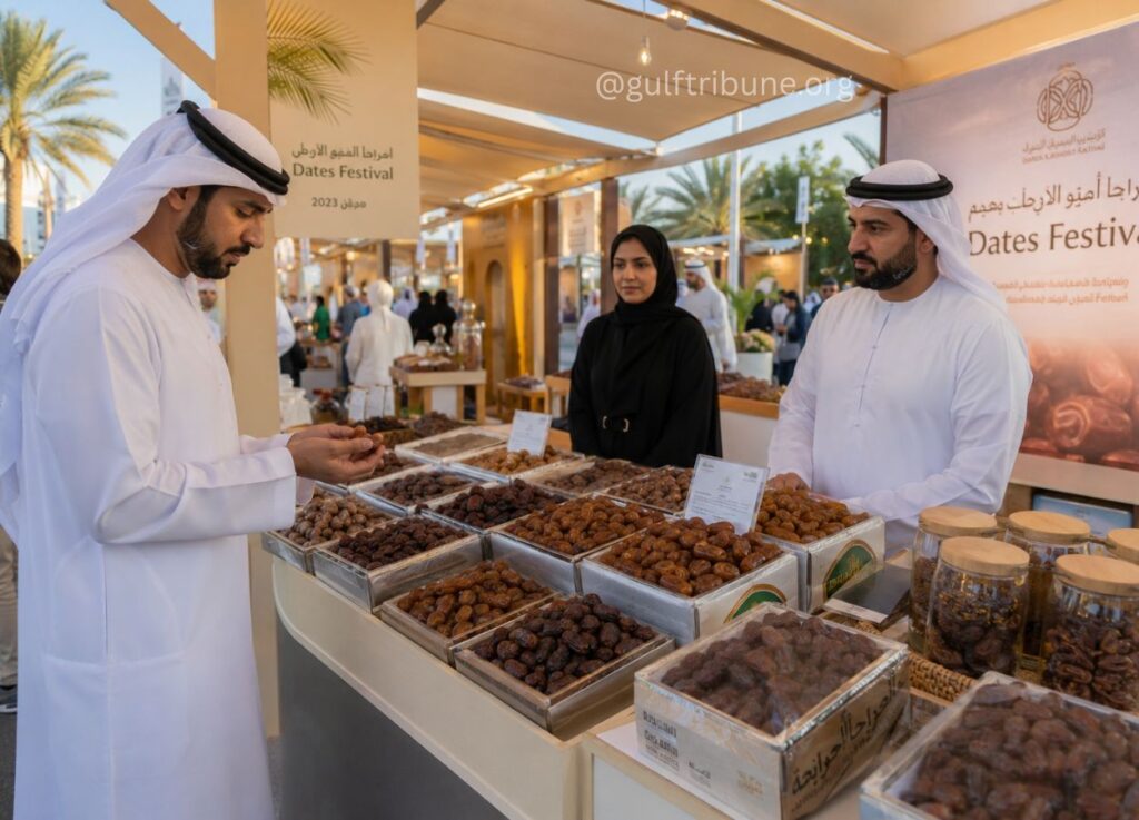 8 - Gulf Tribune Men in traditional white dress browse a date stall at an outdoor Dates Festival market, with trays of assorted dried dates and jars on the counter behind them