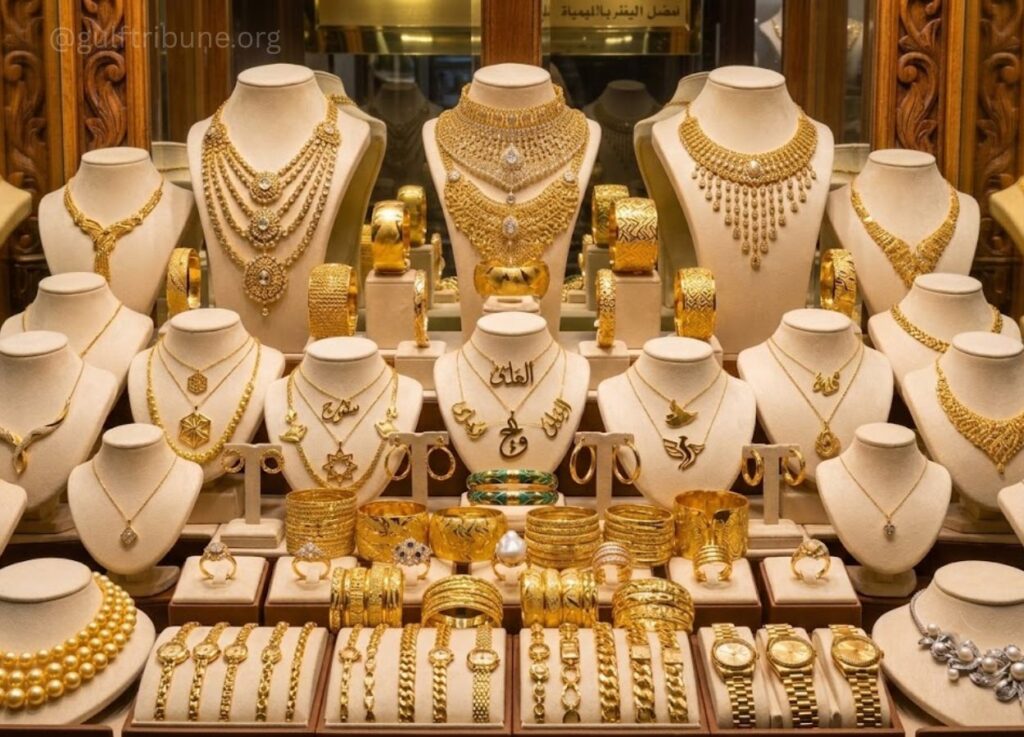 gulftribuneorg - Gulf Tribune Display window of stacked gold jewelry: layered necklaces, bracelets, and rings arranged on padded busts and stands in a showroom setting.