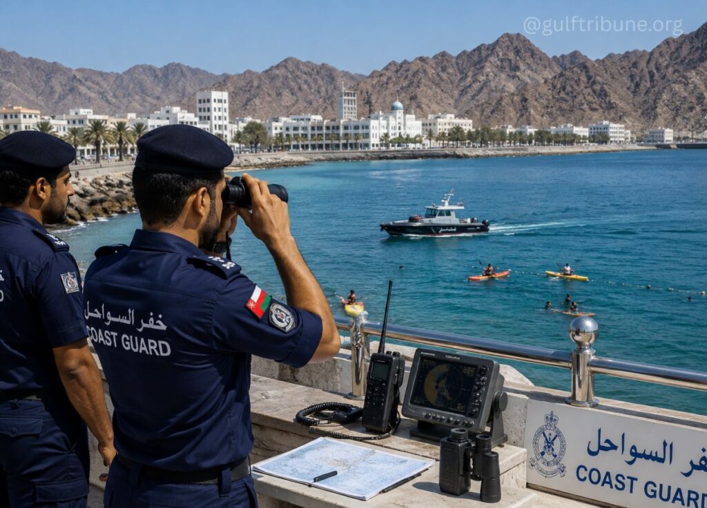 Coast Guard officers in navy uniforms stand at a pier, using binoculars to scan the blue sea with boats and kayaks beyond, a coastal town and mountains in the background.
