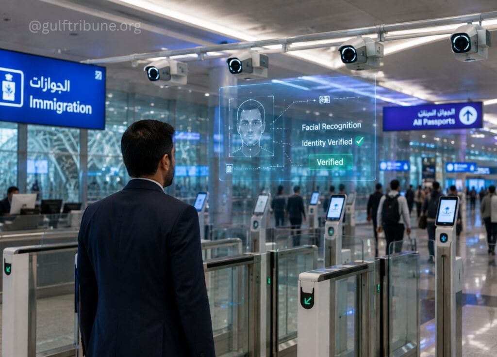 Immigration checkpoint with a man in a suit facing a holographic facial recognition display that shows 'Verified' status.