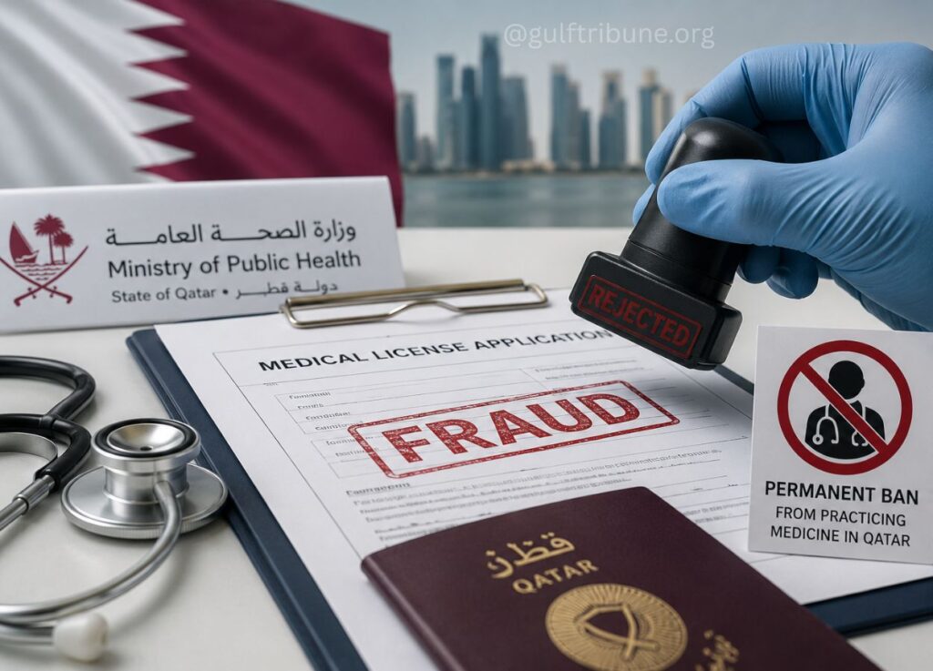 Medical license application form stamped FRAUD with a REJECTED stamp, stethoscope, and a Qatar passport on a desk.