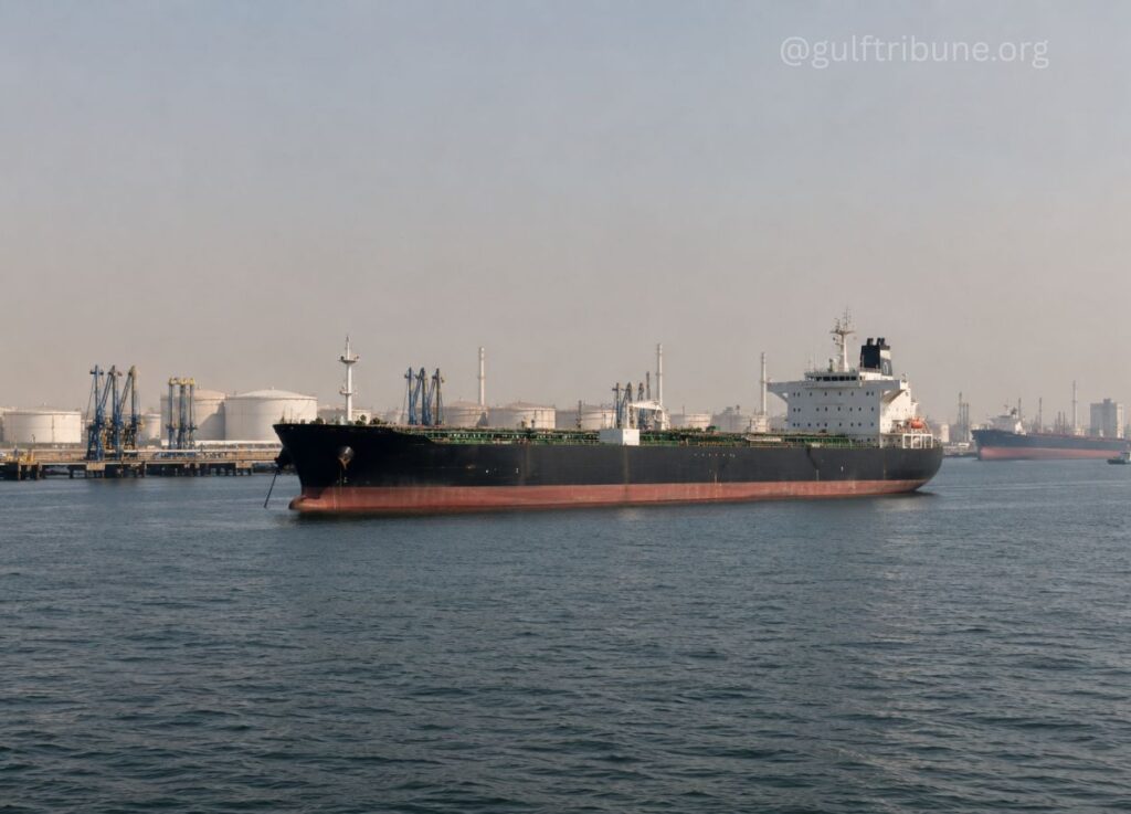 Large black oil tanker moored at a port with storage tanks and cranes in the background