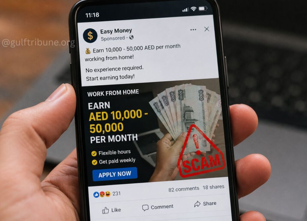 Smartphone screen showing a 'Work from home' scam advertisement offering AED 10,000–50,000 per month with a red SCAM stamp across money image.