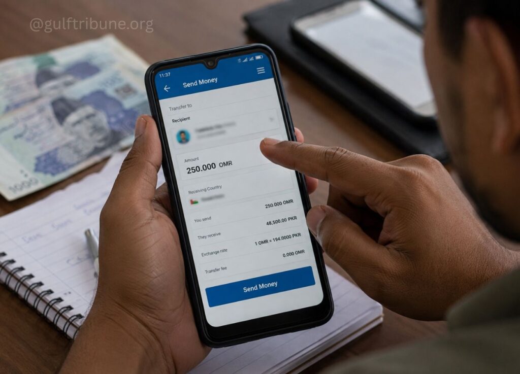 Hands holding a smartphone showing a money transfer screen in a mobile banking app, with banknotes and a notebook on the desk behind.