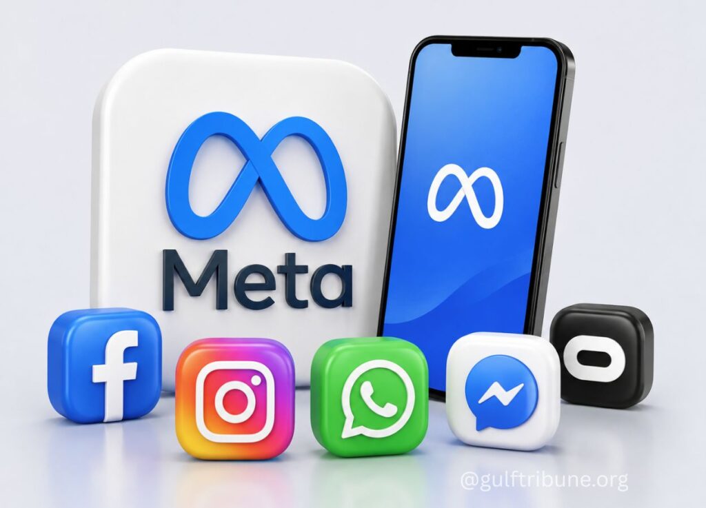 Meta branding with a smartphone and colorful social media icons (Facebook, Instagram, WhatsApp, Messenger, YouTube) in front.