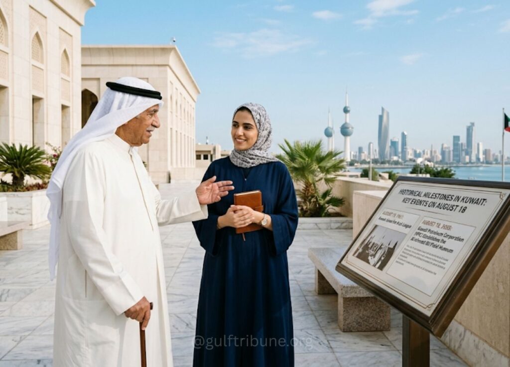 Elderly man in a white kandura chats with a woman in a hijab on a marble terrace, with Kuwait City skyline and an informational display nearby.
