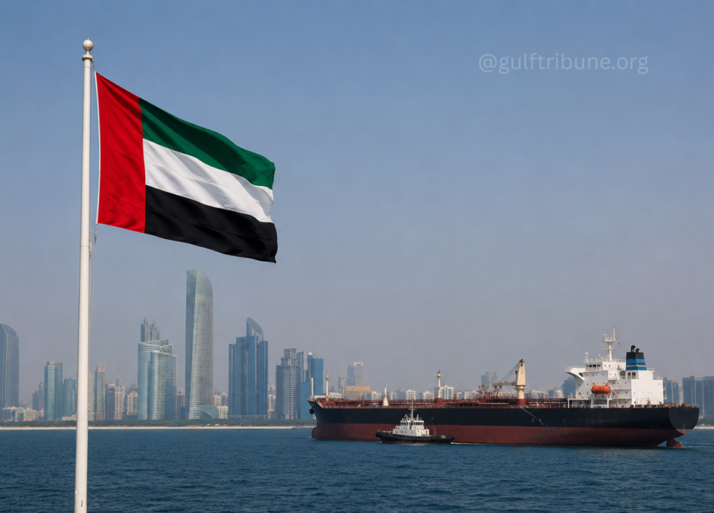 UAE flag on a flagpole with a large cargo ship and Dubai skyline in the background near the port area.