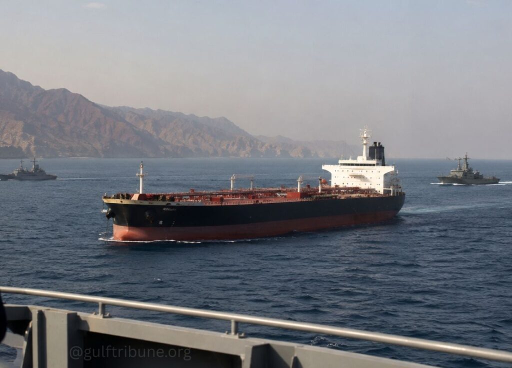 Large tanker sailing on calm blue sea with a rugged coastline in the distance and smaller ships nearby, viewed from a deck railing foreground.