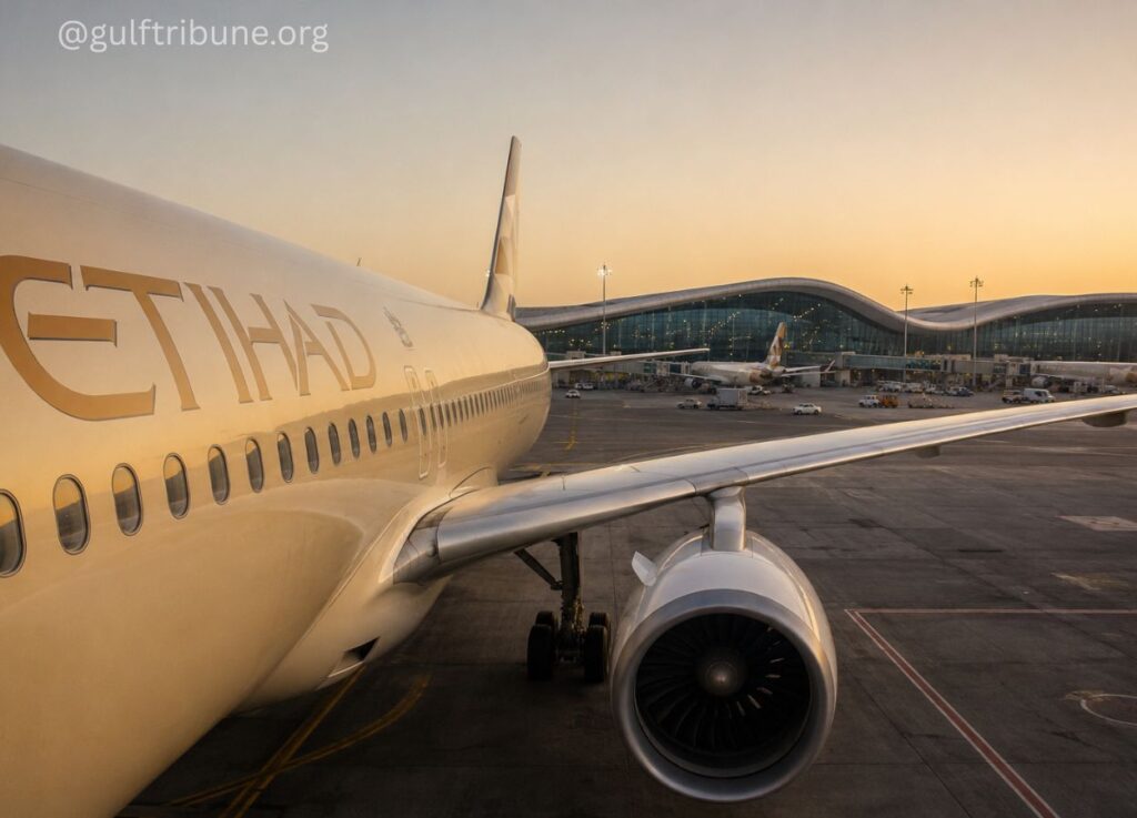 Etihad Airways jet at the gate during sunset, engine visible and terminal in the background.