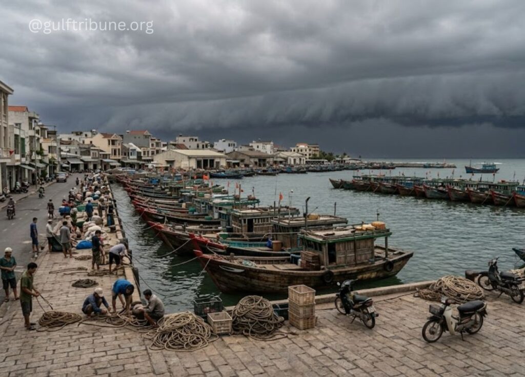 Coastal harbor with colorful fishing boats docked along a stone quay; workers coil ropes as dark storm clouds gather above the town.