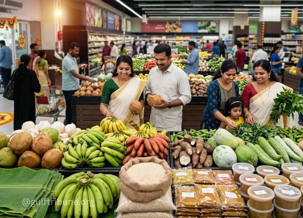 Family shopping for fresh produce at a supermarket, with bananas, coconuts, greens, and grains on display.