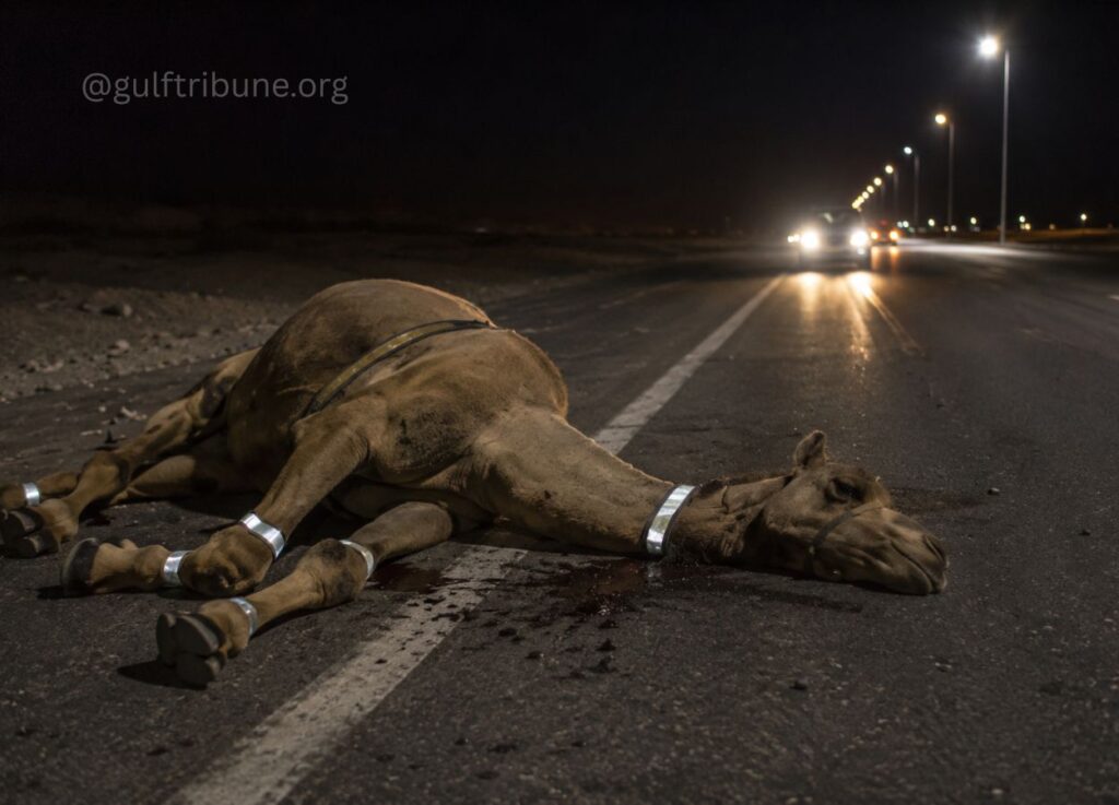 150 - Gulf Tribune Dark night scene of a dead camel lying on a road with reflective bands around its legs and a car approaching in the distance.