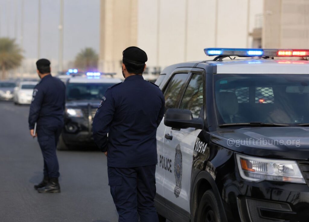 153 - Gulf Tribune Two uniformed police officers stand beside a marked police SUV with flashing blue and red lights in an urban street.