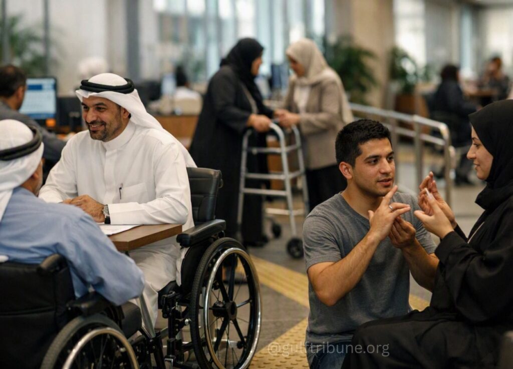 154 - Gulf Tribune Two men in wheelchairs chat at a desk while a young man and a woman in a hijab converse with hand gestures nearby, in a busy public space