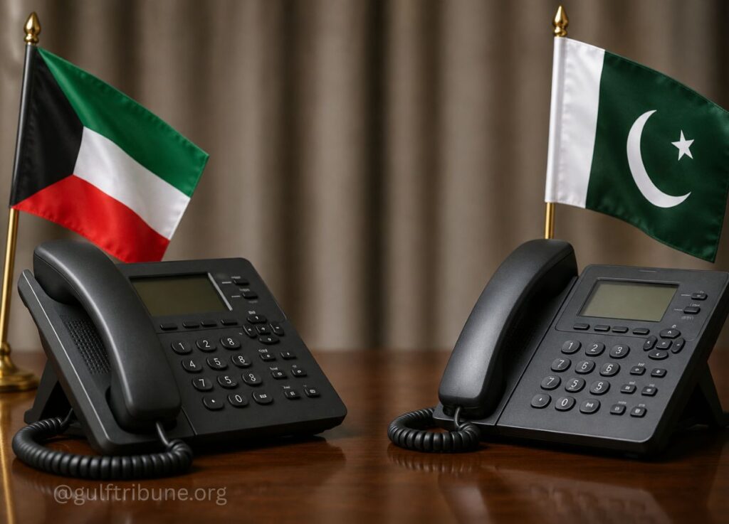 Two office desk phones on a wooden table with flags of Kuwait and Pakistan in the background, suggesting a diplomatic or international call setup.