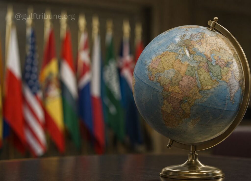 163 - Gulf Tribune Globe on a brass stand sits on a dark desk, with a row of blurred international flags in the background.