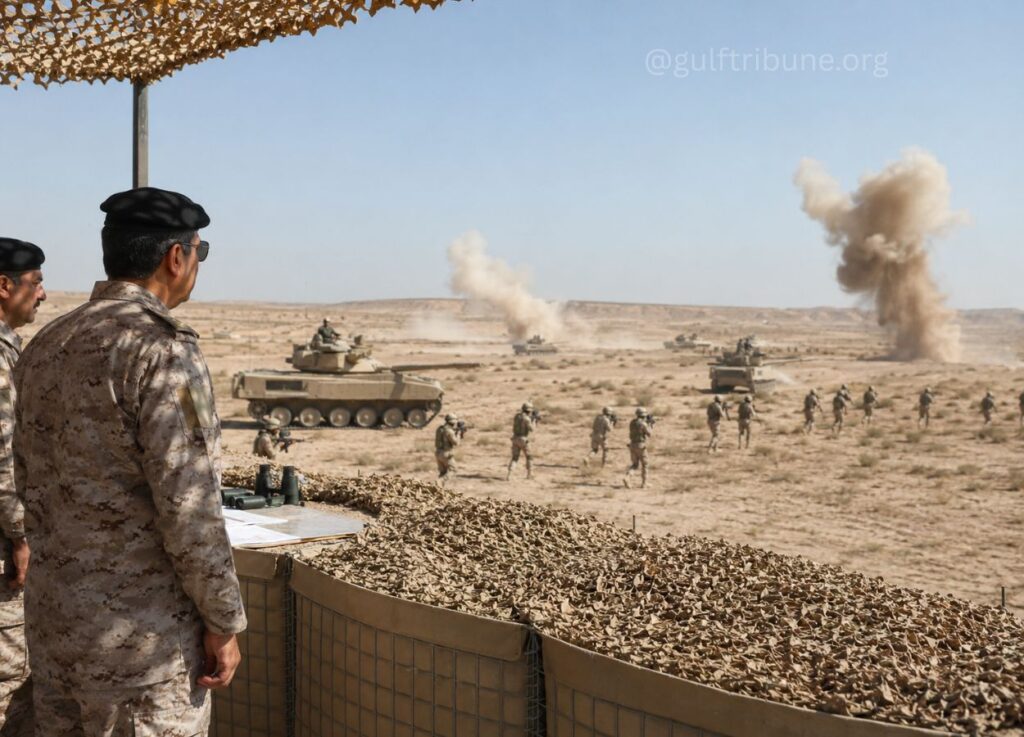 167 - Gulf Tribune Soldiers in desert camouflage observe tanks during a military exercise with smoke plumes in the distance.