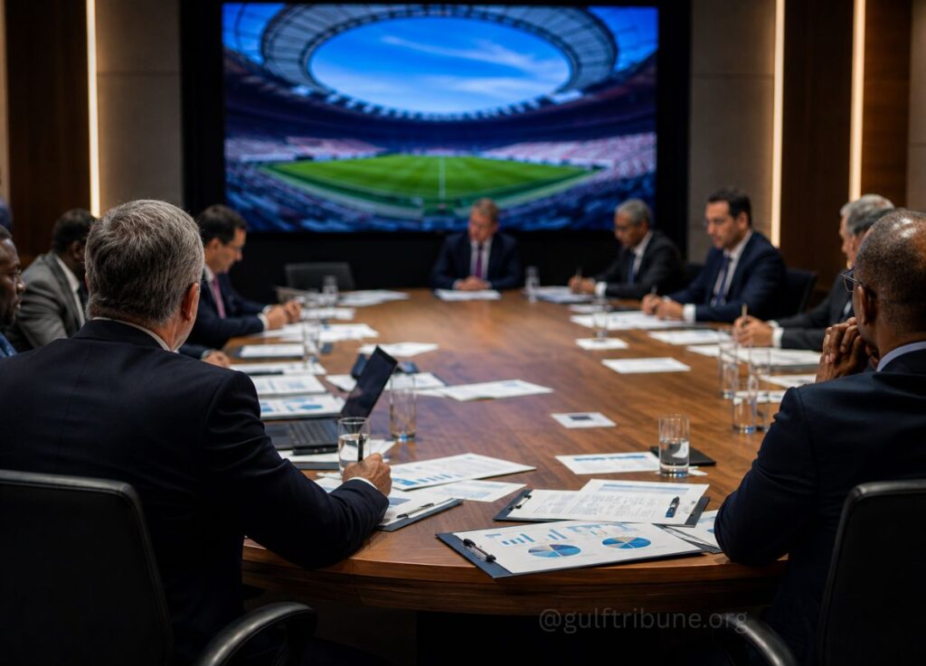 35 - Gulf Tribune Group of professionals in suits seated around a large wooden conference table, reviewing documents and laptops, with a stadium image on a large screen in the background.