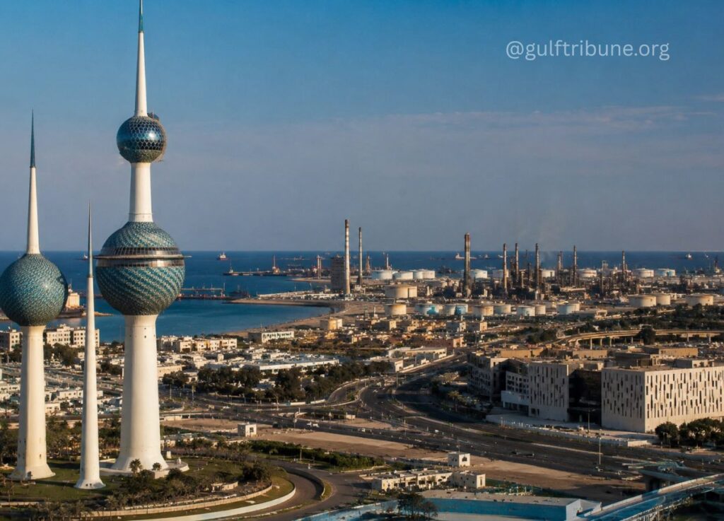 38 - Gulf Tribune Kuwait Towers rise over Kuwait City with the sea and an industrial skyline in the distance.