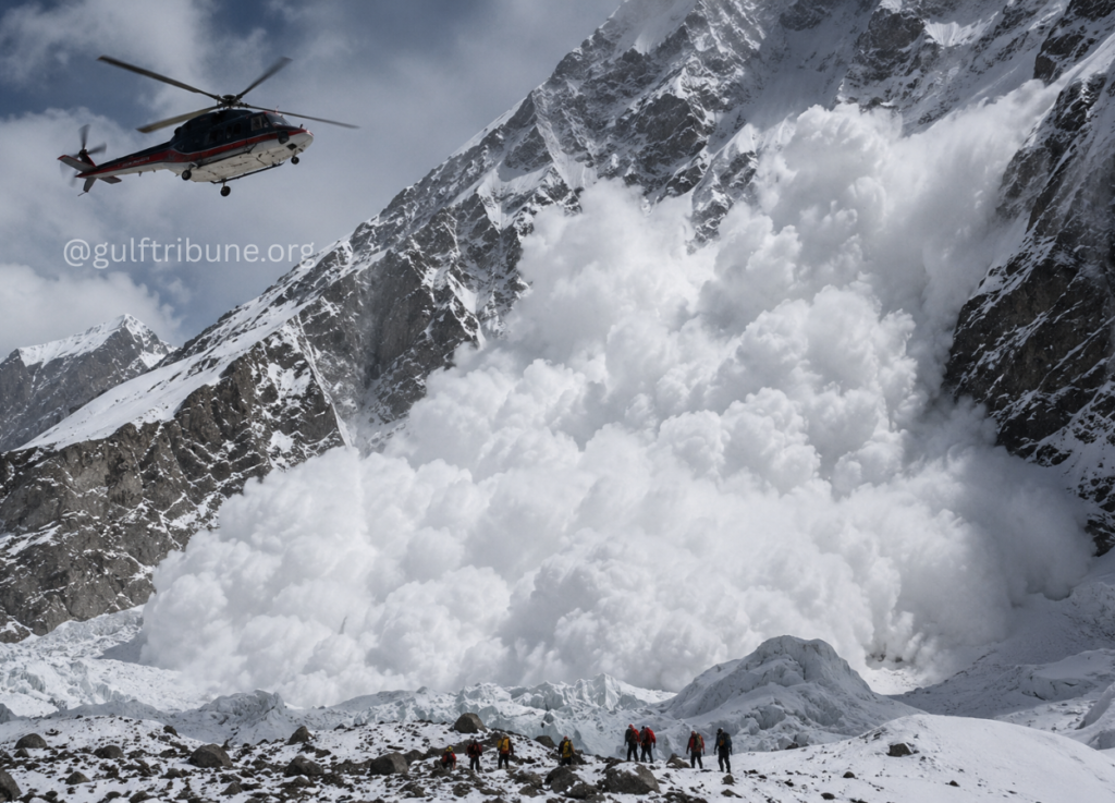 Climbers on a snowy slope watch as a massive avalanche erupts on a jagged mountain, with a helicopter flying overhead.
