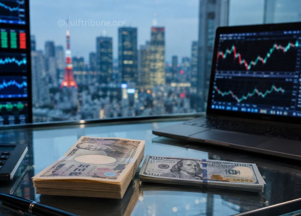 45 - Gulf Tribune Stacks of US dollar bills on a glass desk beside a laptop showing stock charts, with a city skyline in the background.
