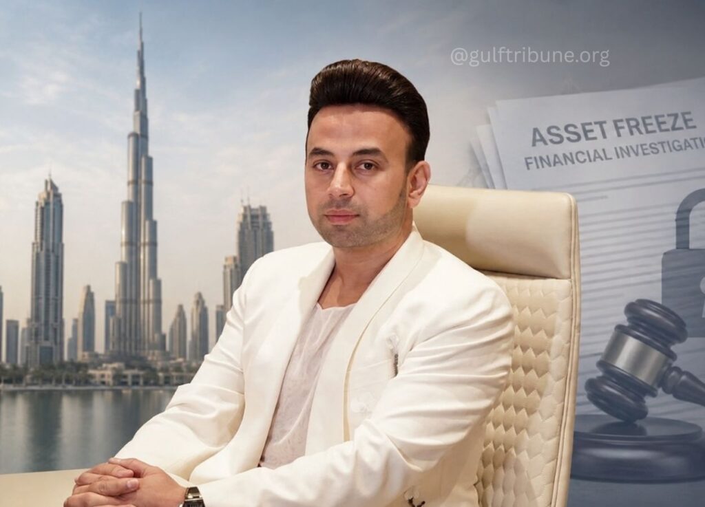 46 - Gulf Tribune Portrait of a man in a white blazer seated at a desk, with Dubai-style skyscrapers and an 'Asset Freeze' backdrop behind him.
