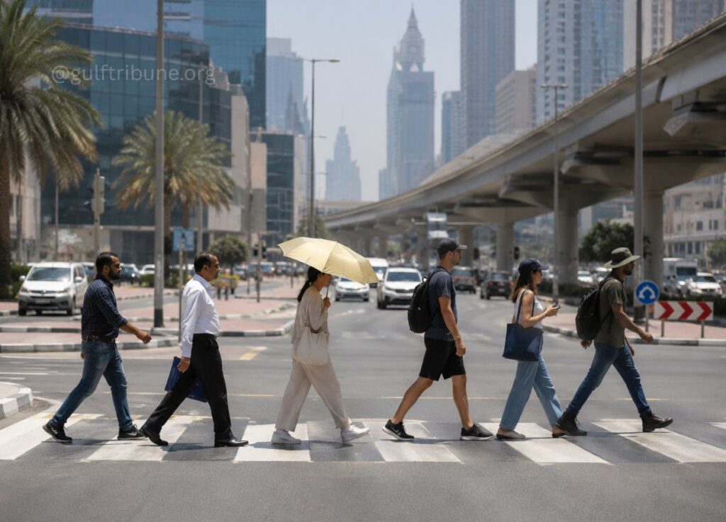 49 - Gulf Tribune Six pedestrians cross a city street at a crosswalk with tall buildings and an elevated highway in the background.