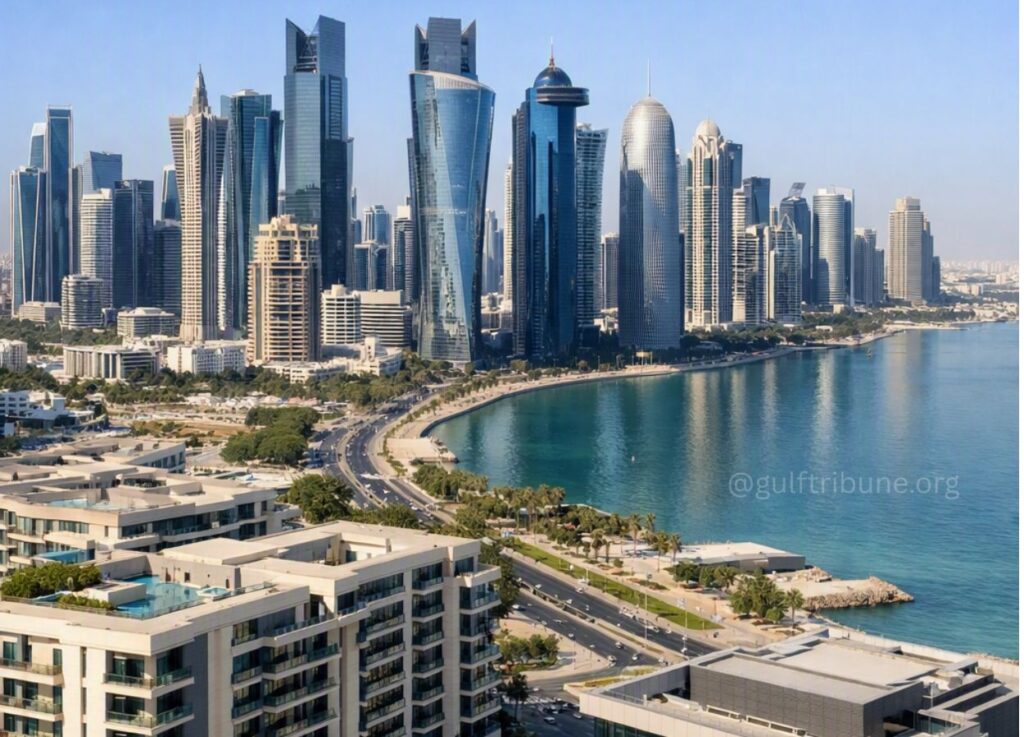 52 - Gulf Tribune Doha, Qatar skyline along a turquoise bay with modern glass skyscrapers and a curved beachfront road.