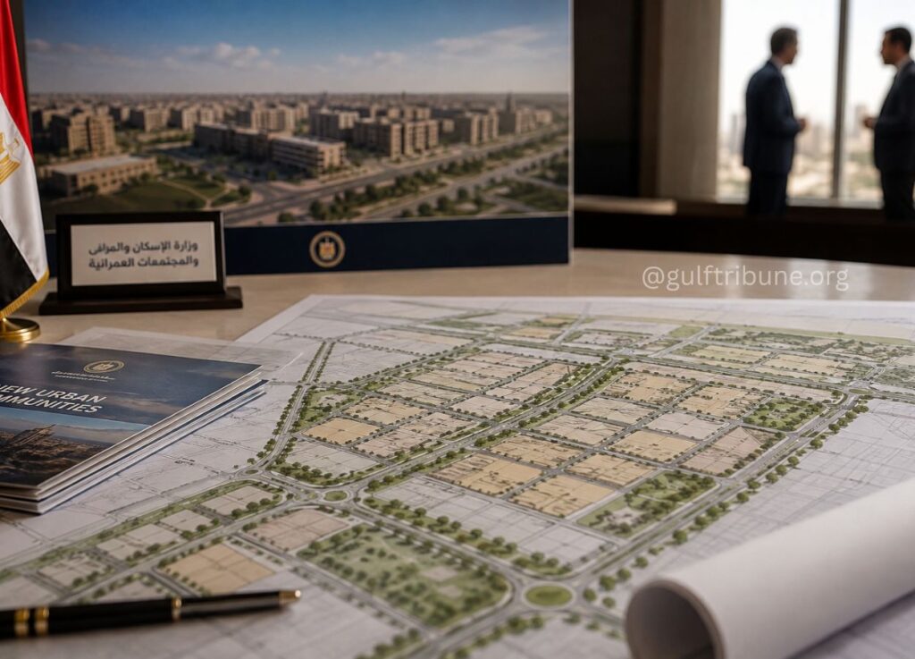 59 - Gulf Tribune Large architectural planning table with a detailed site map, brochures labeled New Urban Communities, a flag on the left, and a blurred banner of a cityscape in the background; two businessmen converse by windows on the right (context: urban development briefing).