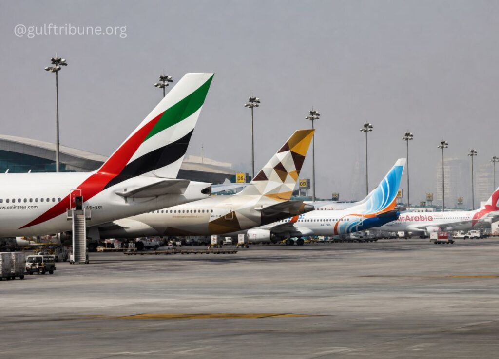 65 - Gulf Tribune Row of parked commercial airplanes at an airport gate, tails visible (Emirates, a geometric gold/brown tail, and Air Arabia).