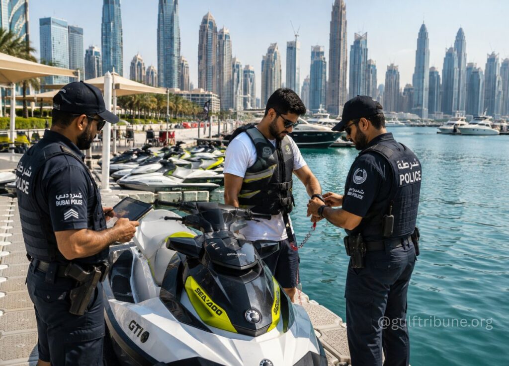 68 - Gulf Tribune Three Dubai Police officers in tactical vests by a white and black Sea-Doo jet ski at a marina, with a skyline of tall buildings and yachts in the background.