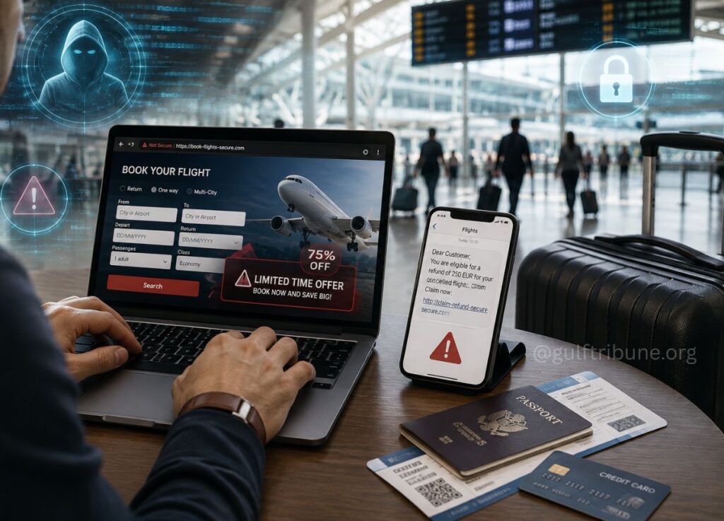 72 - Gulf Tribune Traveler at an airport uses a laptop to book a flight; a smartphone screen shows a warning, with a passport, boarding passes, and cards on the table nearby.