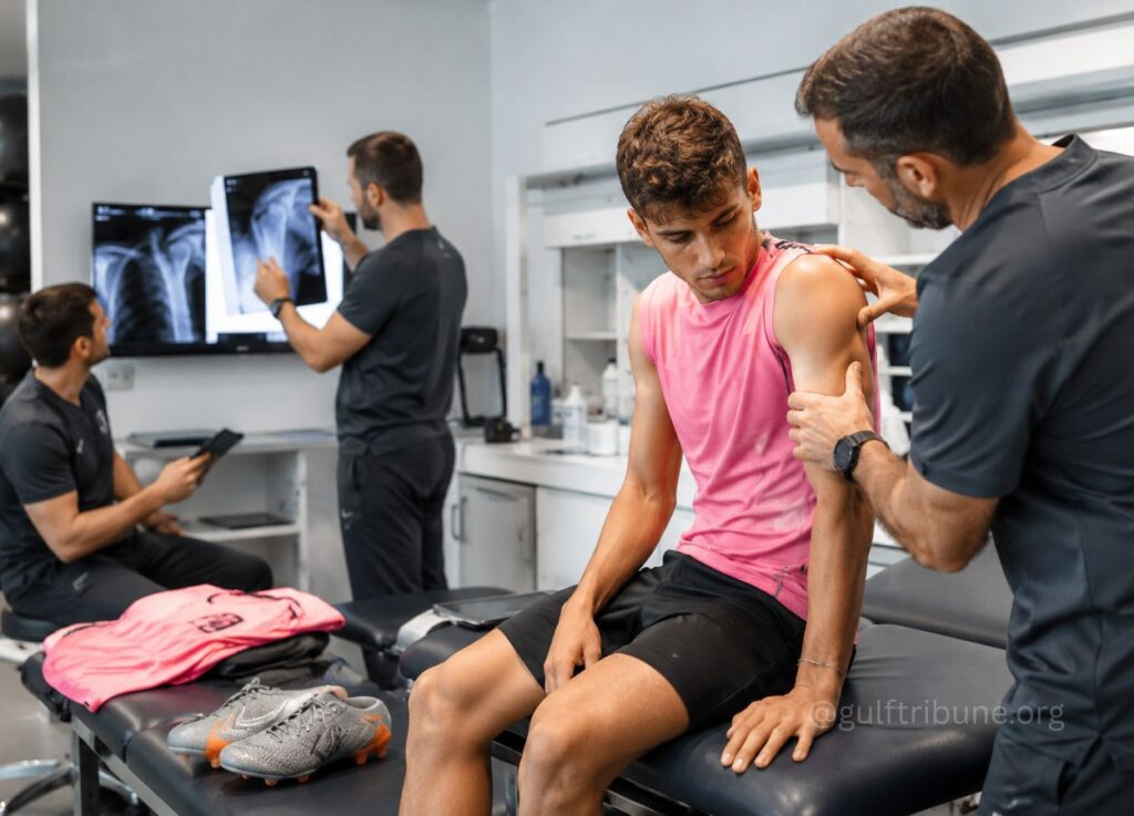Physical therapist checks a patient's shoulder while another clinician reviews X-rays in the background.