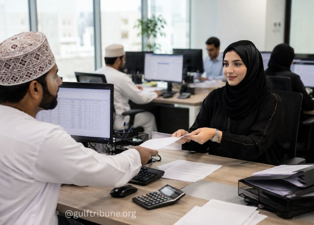 79 - Gulf Tribune Woman in a black hijab hands documents to a male coworker at a shared office desk with computer monitors nearby.