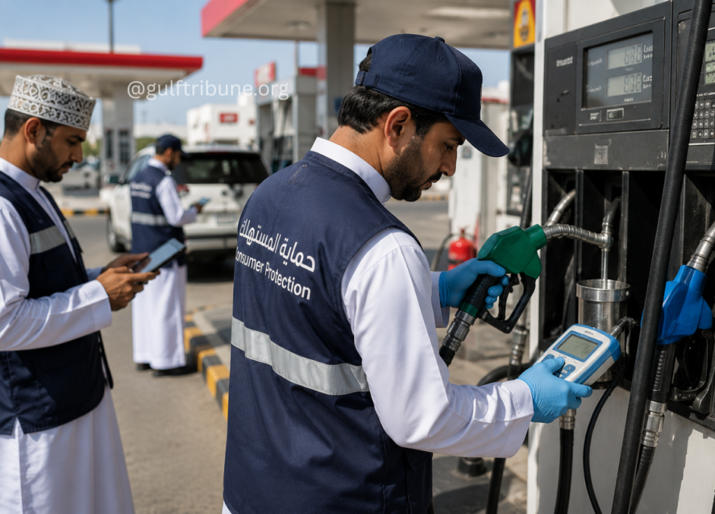 81 - Gulf Tribune Gas station worker in a navy vest labeled 'Consumer Protection' pumps fuel while another staff member checks a mobile device in the background.