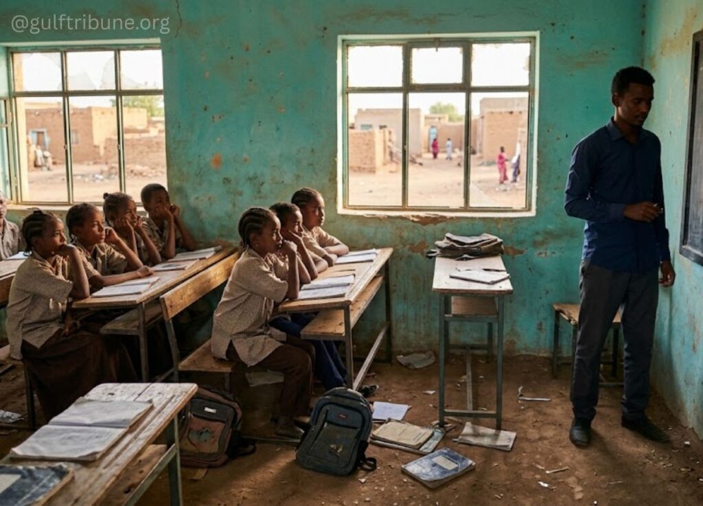 83 - Gulf Tribune Teacher at a chalkboard in a worn green classroom as students in uniforms sit at wooden desks listening attentively.