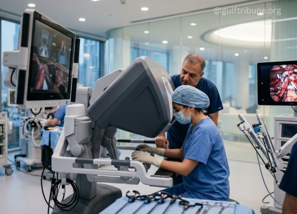 84 - Gulf Tribune Robotic-assisted surgery in a bright operating room with surgeons at the console and monitoring screens showing internal anatomy
