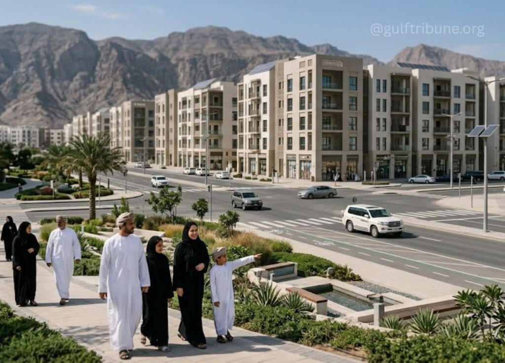 87 - Gulf Tribune People wearing traditional Middle Eastern clothing walk along a sidewalk beside a modern shopping street, with beige apartment buildings, palm trees, and distant mountains in the background.