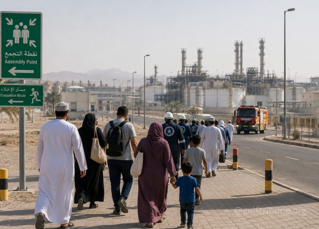 Group of people walking along a sidewalk toward an industrial complex, signs show Assembly Point and Evacuation Route nearby.