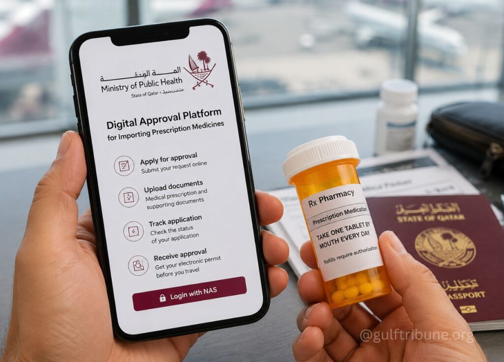 Person holds a smartphone displaying the Digital Approval Platform for importing prescription medicines, with a prescription bottle and a Qatar passport in the background.