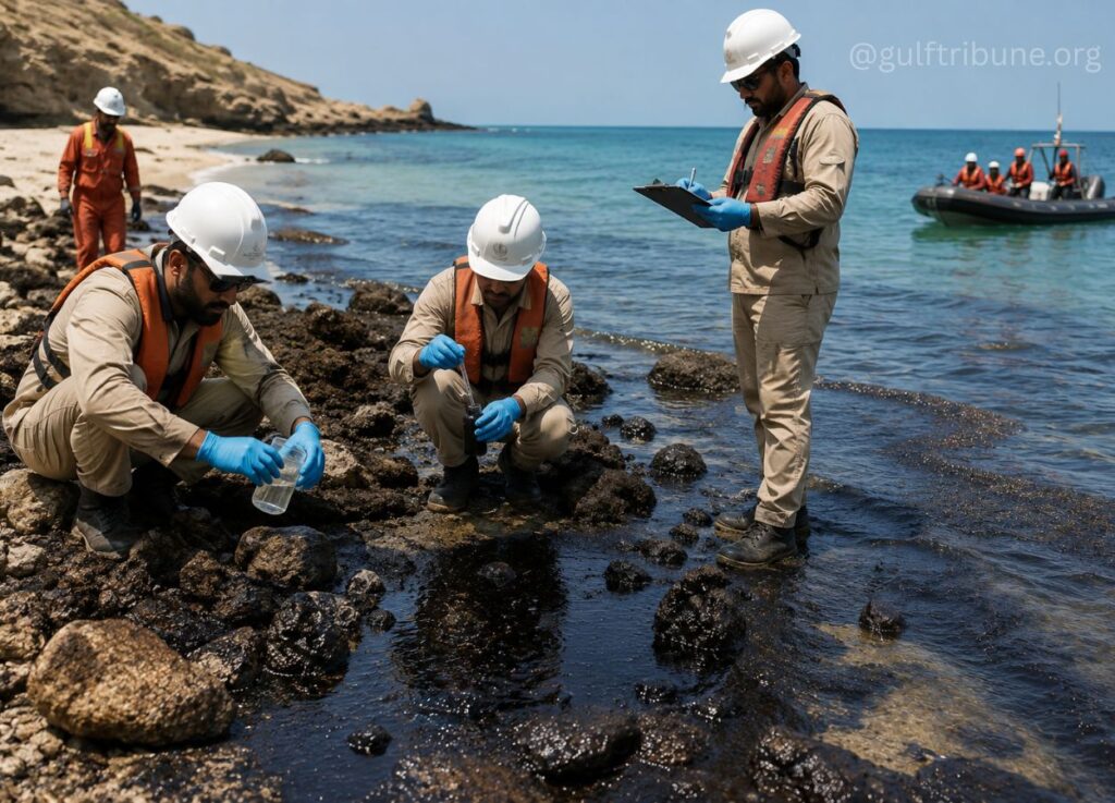 Team of workers in hard hats and life jackets collect water samples on a rocky shoreline; boat visible offshore.