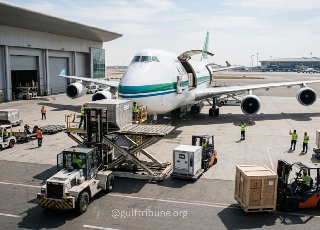 197 - Gulf Tribune Wide-body airliner at the gate with cargo being loaded, forklifts and workers on the tarmac.